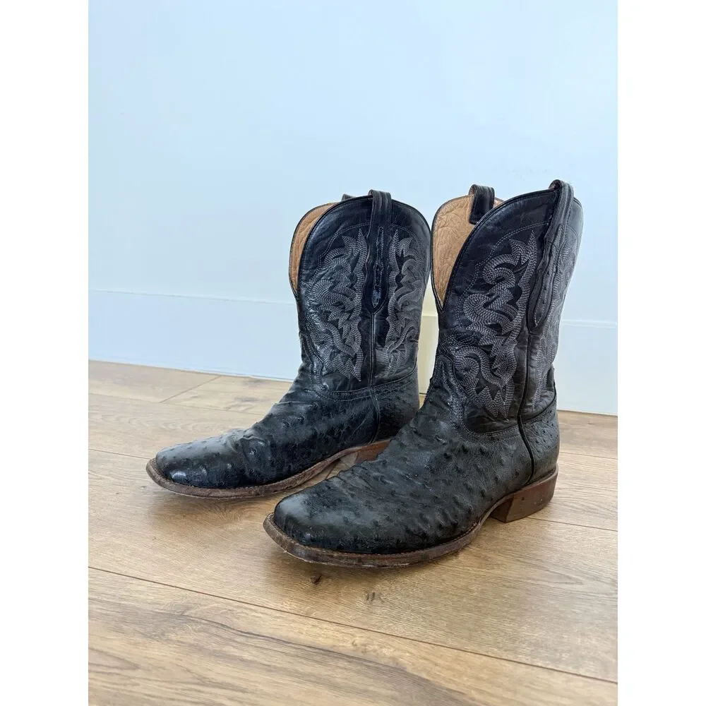 TONY LAMA 11 D Moore Western Boots Ostrich Black Sqaure Toe Cowboy Full Quill
